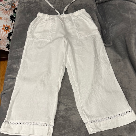 Joie White Linen Wide Leg Pants with Lace Accents - Picture 3 of 8